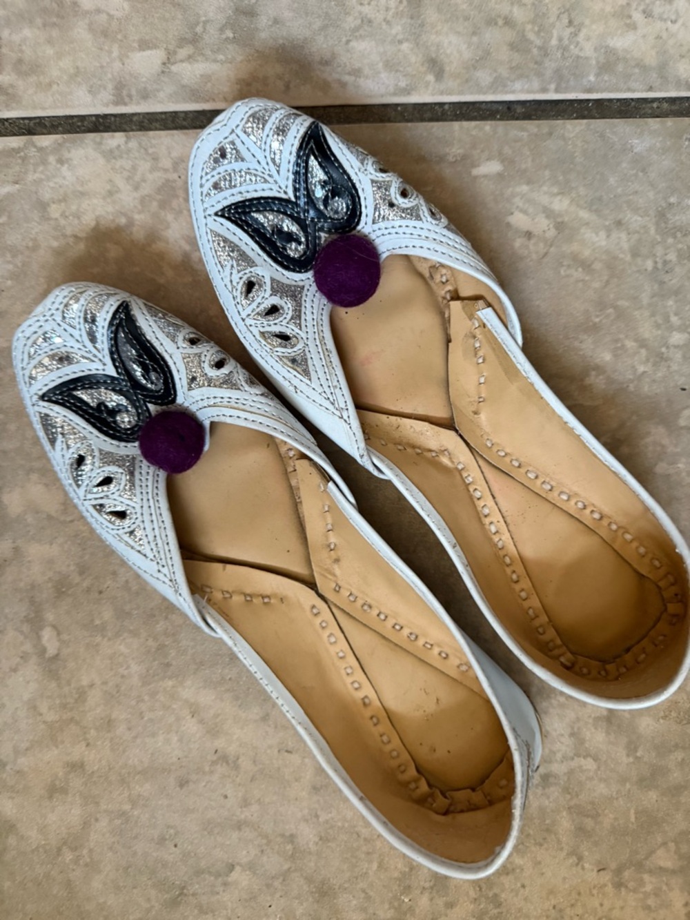 Bohemian White Embellished Women’s Flat with Purple Accent